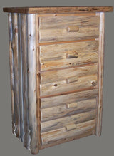 Rustic cedar chest of drawers with five wooden drawers for bedroom storage