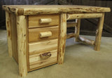 Rustic hand peeled pedestal desk made from natural wood logs for cabin or home office