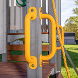 Jack & June Haven II wooden swing set with slide, rock wall, and two belt swings for backyard outdoor play