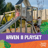 Jack & June Haven II wooden swing set with slide, rock wall, and two belt swings for backyard outdoor play