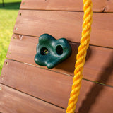 Jack & June Haven II wooden swing set with slide, rock wall, and two belt swings for backyard outdoor play