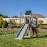 Jack & June Haven II wooden swing set with slide, rock wall, and two belt swings for backyard outdoor play