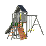 Jack & June Haven II wooden swing set with slide, rock wall, and two belt swings for backyard outdoor play