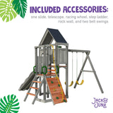 Jack & June Haven II wooden swing set with slide, rock wall, and two belt swings for backyard outdoor play