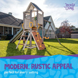 Jack & June Haven II wooden swing set with slide, rock wall, and two belt swings for backyard outdoor play