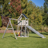 Jack & June Haven II wooden swing set with slide, rock wall, and two belt swings for backyard outdoor play