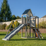 Jack & June Haven II wooden swing set with slide, rock wall, and two belt swings for backyard outdoor play