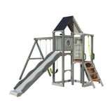 Jack & June Haven II wooden swing set with slide, rock wall, and two belt swings for backyard outdoor play