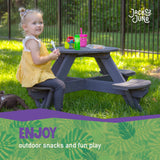 Jack & June kids circular cedar picnic table, durable outdoor seating for children, natural wood finish ideal for backyards and play areas