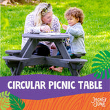 Jack & June kids circular cedar picnic table, durable outdoor seating for children, natural wood finish ideal for backyards and play areas