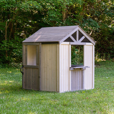 Jack & June wooden outdoor playhouse for kids with windows, door, and porch – ideal backyard play structure for imaginative play.