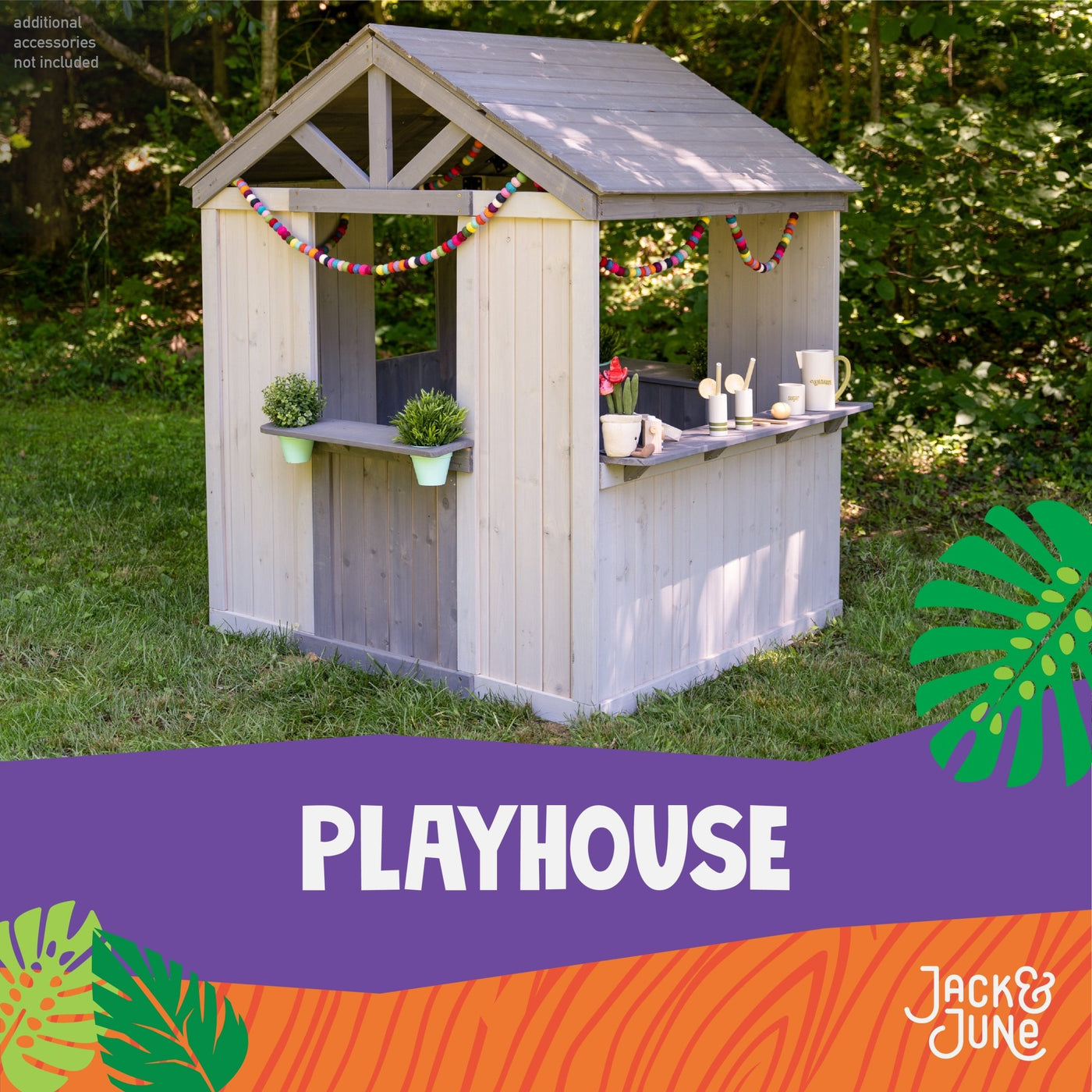 Jack & June wooden outdoor playhouse for kids with windows, door, and porch – ideal backyard play structure for imaginative play.