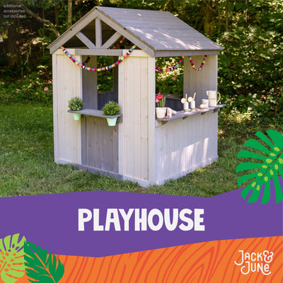 Jack & June wooden outdoor playhouse for kids with windows, door, and porch – ideal backyard play structure for imaginative play.