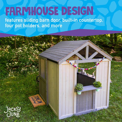 Jack & June wooden outdoor playhouse for kids with windows, door, and porch – ideal backyard play structure for imaginative play.