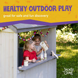 Jack & June wooden outdoor playhouse for kids with windows, door, and porch – ideal backyard play structure for imaginative play.