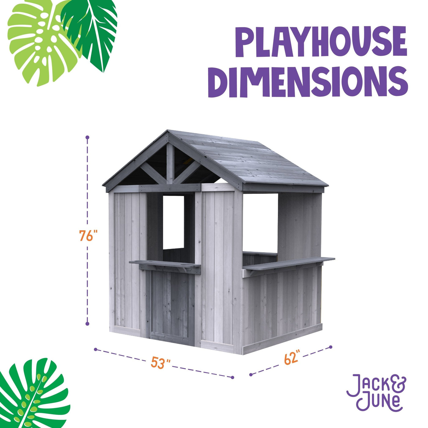 Jack & June wooden outdoor playhouse for kids with windows, door, and porch – ideal backyard play structure for imaginative play.