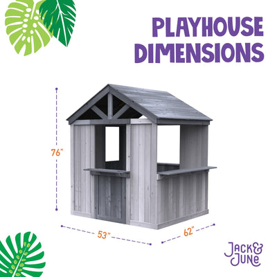 Jack & June wooden outdoor playhouse for kids with windows, door, and porch – ideal backyard play structure for imaginative play.