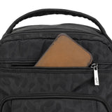 JuJuBe Be Right Back backpack in Black Catwalk print featuring sleek black design, gold hardware, and ergonomic straps for stylish hands-free parenting