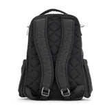 JuJuBe Be Right Back backpack in Black Catwalk print featuring sleek black design, gold hardware, and ergonomic straps for stylish hands-free parenting