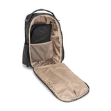 JuJuBe Be Right Back backpack in Black Catwalk print featuring sleek black design, gold hardware, and ergonomic straps for stylish hands-free parenting