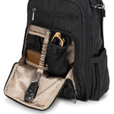 JuJuBe Be Right Back backpack in Black Catwalk print featuring sleek black design, gold hardware, and ergonomic straps for stylish hands-free parenting