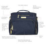 Jujube B.F.F. diaper bag in Indigo Chromatics color, featuring a sleek convertible design with multiple compartments and modern styling for parents on the go.