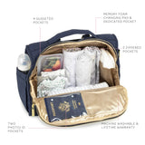 Jujube B.F.F. diaper bag in Indigo Chromatics color, featuring a sleek convertible design with multiple compartments and modern styling for parents on the go.
