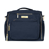 Jujube B.F.F. diaper bag in Indigo Chromatics color, featuring a sleek convertible design with multiple compartments and modern styling for parents on the go.
