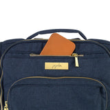 Jujube B.F.F. diaper bag in Indigo Chromatics color, featuring a sleek convertible design with multiple compartments and modern styling for parents on the go.