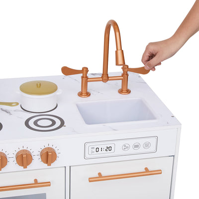 Little Chef Milano Two-Piece Modular Modern Delight Play Kitchen with Cooking Accessories, Faux Marble Finish, & Rose Gold Hardware, White