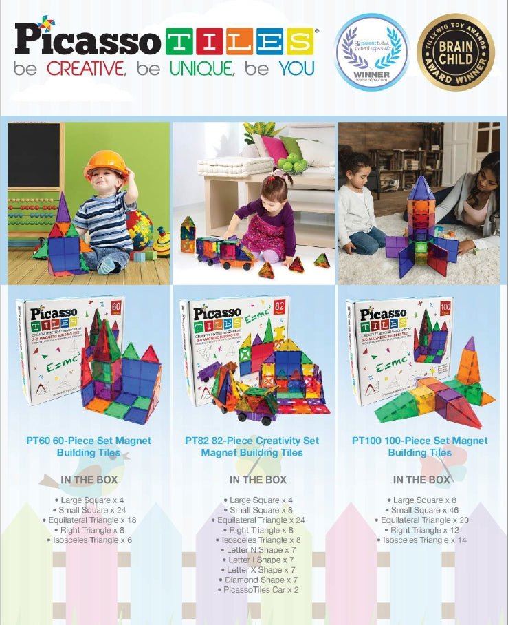 PicassoTiles 82-pc Set Magnetic Blocks Plus 2 Cars