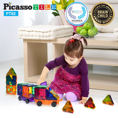 PicassoTiles 82-pc Set Magnetic Blocks Plus 2 Cars