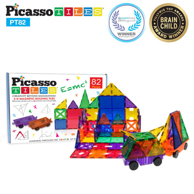 PicassoTiles 82-pc Set Magnetic Blocks Plus 2 Cars