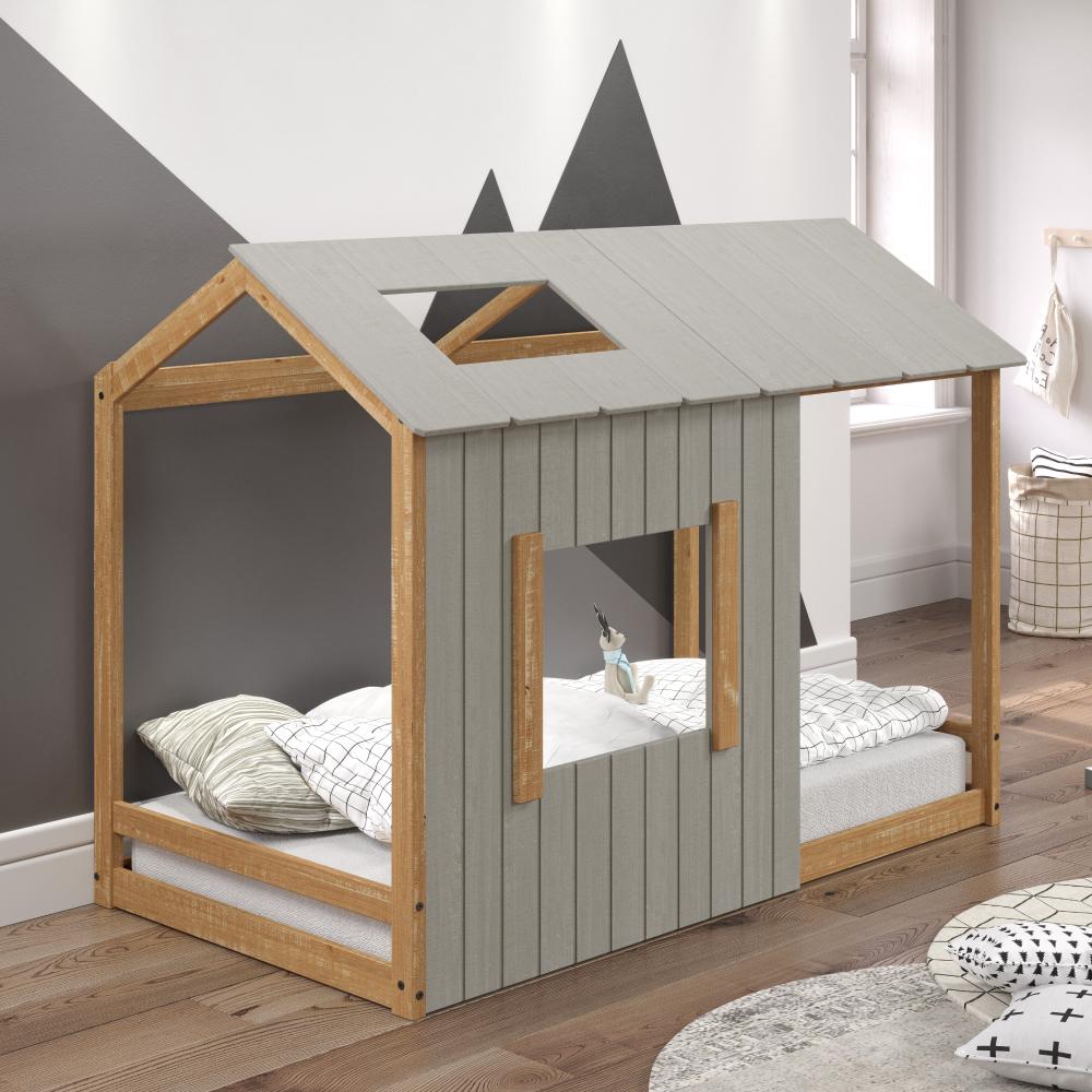 P'Kolino Toddler Kid's House Twin Floor Bed with Natural Wood #color_grey