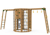 Backyard playset with cliff-hanger in silver finish featuring 15 fun activities for kids, including slides, swings, and climbing walls.