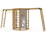 Backyard playset with cliff-hanger in silver finish featuring 15 fun activities for kids, including slides, swings, and climbing walls.