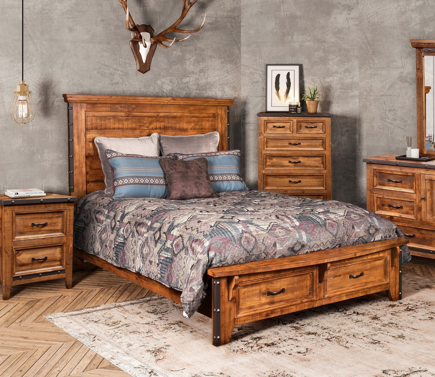 Sunset Trading Rustic City Queen Bed | Storage Drawers