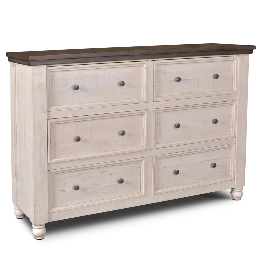 Rustic French 6 Drawer Double Dresser in Distressed White & Brown Wood