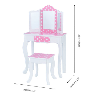 Fantasy Fields Gisele Polka Dot Prints Play Vanity Set with LED Mirror Light, Pink/White