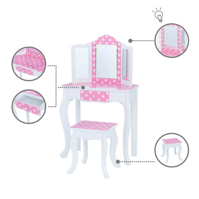 Fantasy Fields Gisele Polka Dot Prints Play Vanity Set with LED Mirror Light, Pink/White