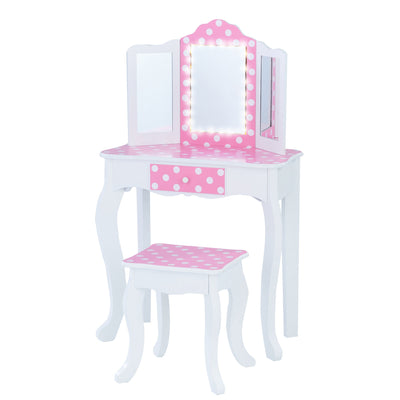 Fantasy Fields Gisele Polka Dot Prints Play Vanity Set with LED Mirror Light, Pink/White