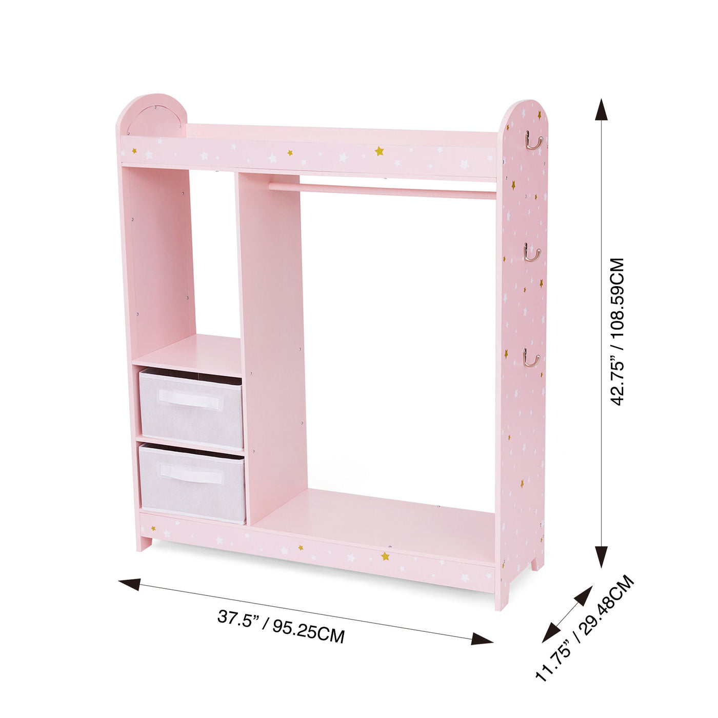 Fantasy Fields Kids Freestanding Jasmine Star Print Wooden Clothing Rack with Shelves and Storage Bins, Pink