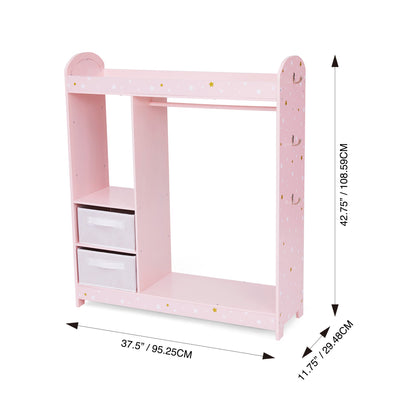 Fantasy Fields Kids Freestanding Jasmine Star Print Wooden Clothing Rack with Shelves and Storage Bins, Pink