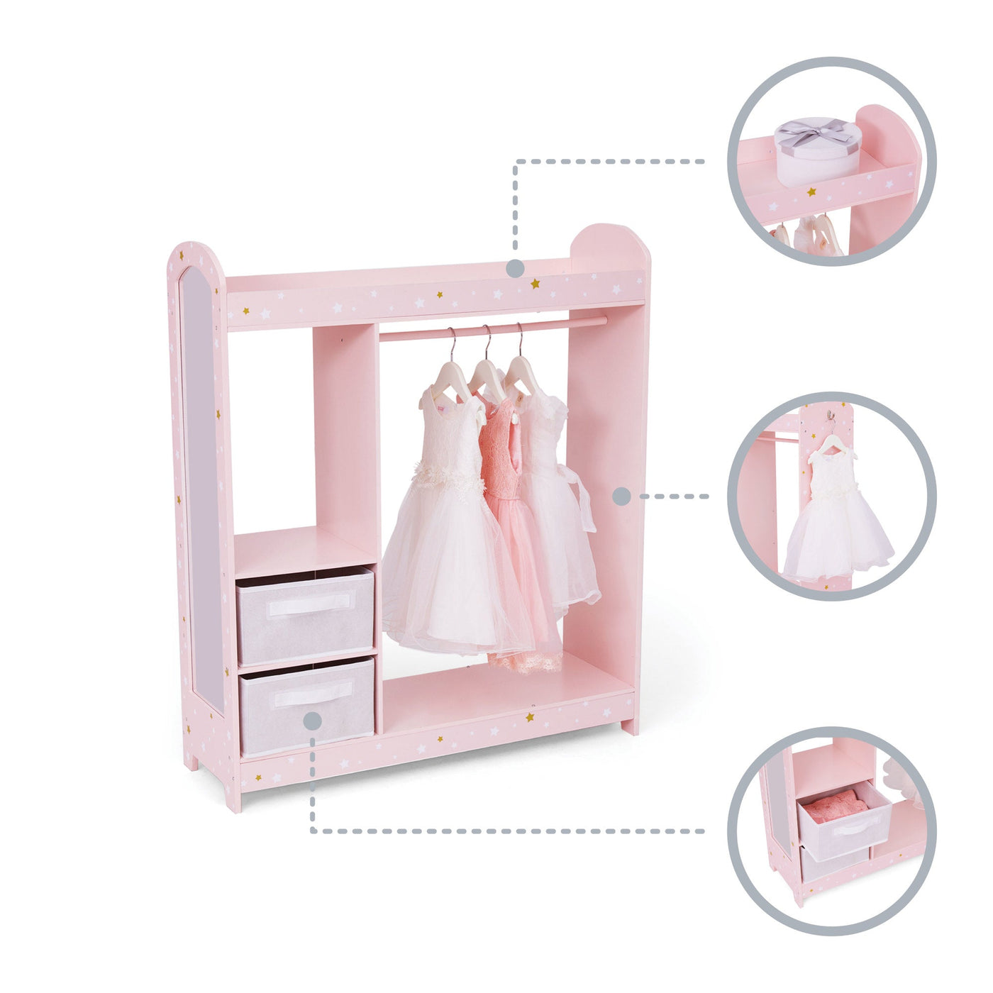 Fantasy Fields Kids Freestanding Jasmine Star Print Wooden Clothing Rack with Shelves and Storage Bins, Pink