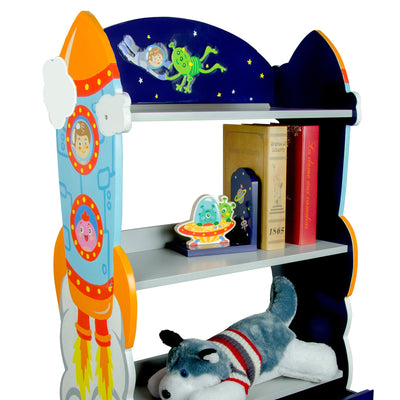 Fantasy Fields Kids Wooden Outer Space Bookshelf with Drawer, Blue