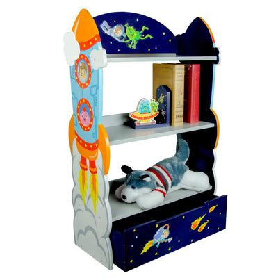 Fantasy Fields Kids Wooden Outer Space Bookshelf with Drawer, Blue