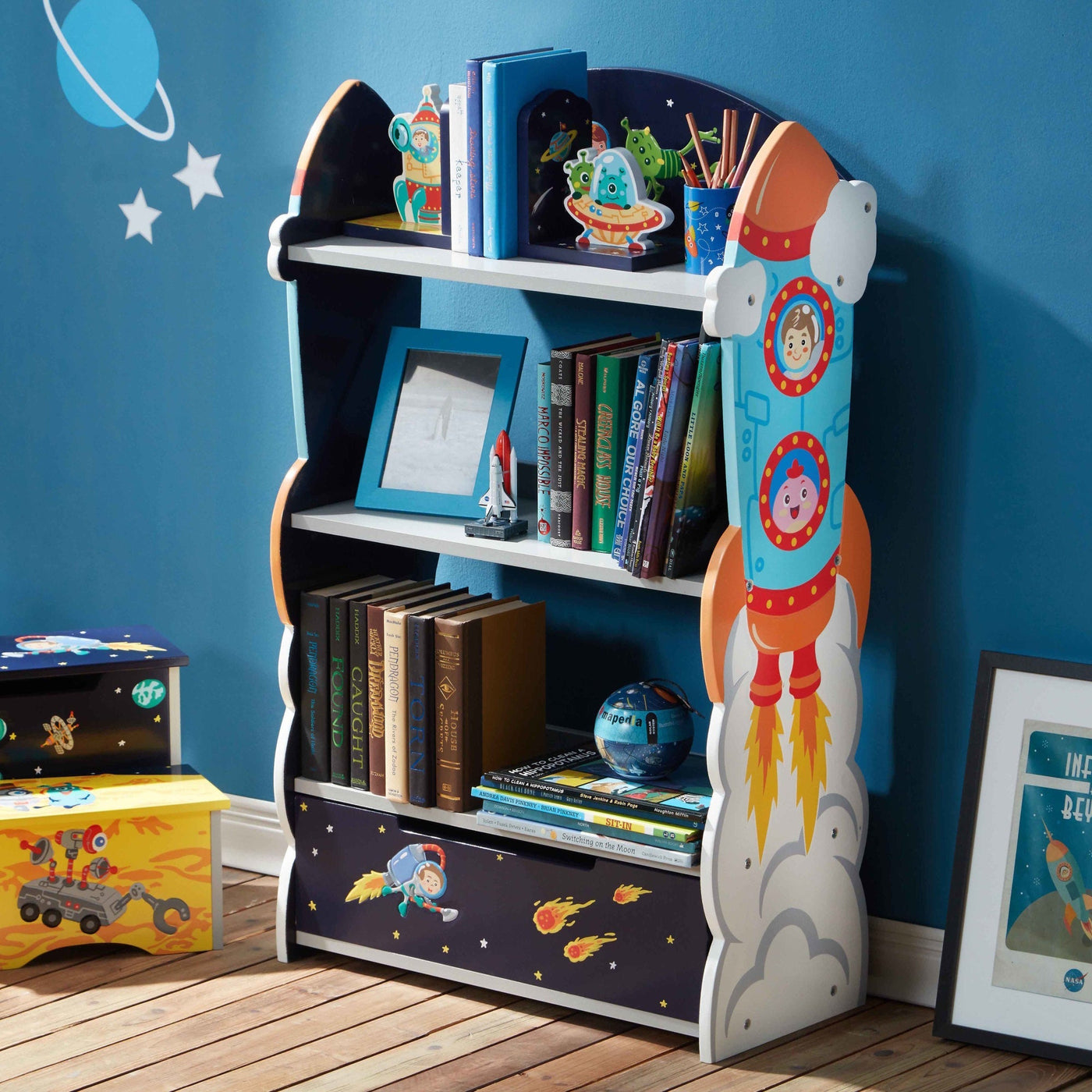 Fantasy Fields Kids Wooden Outer Space Bookshelf with Drawer, Blue