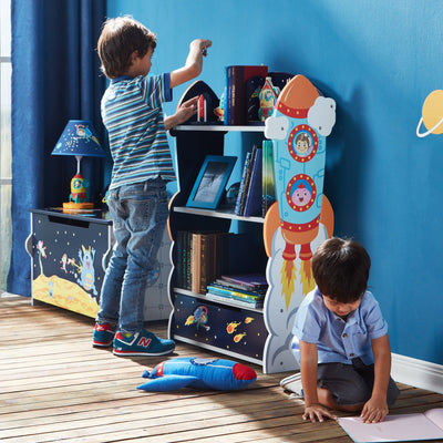 Fantasy Fields Kids Wooden Outer Space Bookshelf with Drawer, Blue