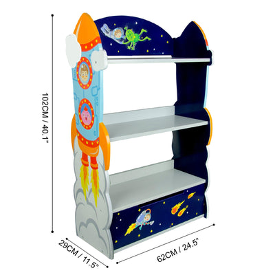 Fantasy Fields Kids Wooden Outer Space Bookshelf with Drawer, Blue