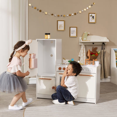 Little Chef Milano Two-Piece Modular Modern Delight Play Kitchen with Cooking Accessories, Faux Marble Finish, & Rose Gold Hardware, White